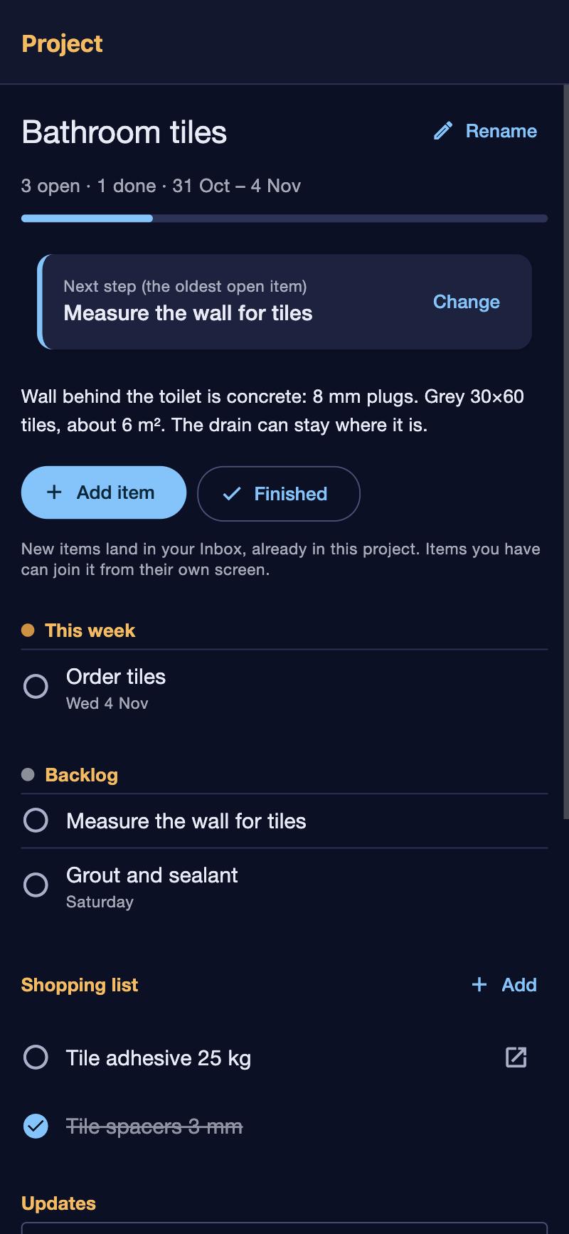 A project page: next step, description, items and shopping list